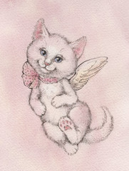 hands painted pink gentle cat angel flying, watercolor illustration