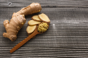 Ginger root on a gray wooden background