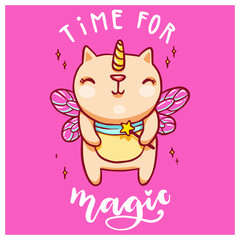 Cute unicorn cat with fairy wings and magic wand. Handwritten time for magic lettering. Vector colorful illustration.