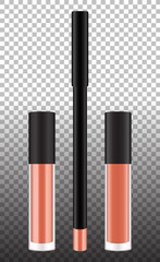 Obraz premium Liquid lipstick tubes and pencil isolated template. Vector realistic cosmetic products for marketing.
