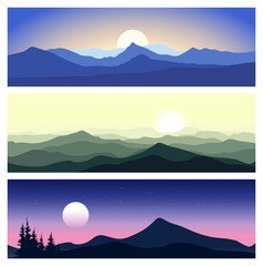 Beautiful mountain landscapes in different colors. Set of vector nature backgrounds. Outdoor vector illustration