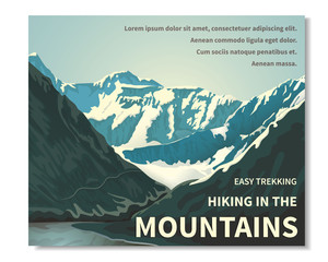  Mountain landscape - horizontal banner, poster with text. A view of the rocks. Gorge of the river, brightly lit by the sun. rocks in the background, peaks with snow caps, bright blue sky.  Vector