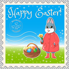 Easter marks mail-02/Postage stamp with the Easter bunny, next to it there is a basket with eggs and a cake. He gives a bouquet of tulips. Print with chickens and congratulations on Easter. Vector.