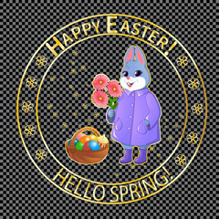 Postage stamp with an Easter bunny with a basket of eggs and gerberas. In rubber boots and a purple raincoat. Congratulations on Easter. Comic seal on the envelope. On a transparent background.Vector.