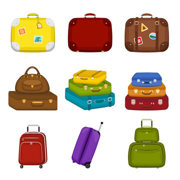 Set of various  travel bags suitcases with stickers on isolated white background. Summer travel handle luggage. Traveling equipment. Vector icon illustration.