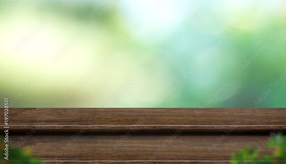 Poster Empty step wood table top with blur tree in park with bokeh light at background,Mock up template for display of your design,Banner for advertise of product,panorama view
