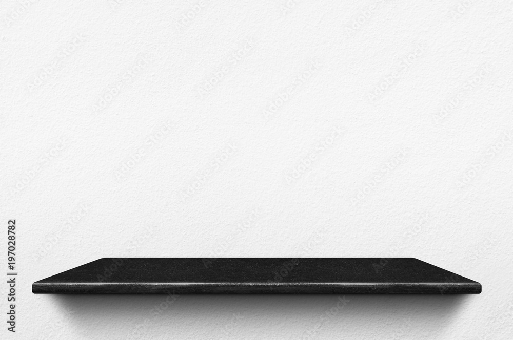 Poster empty black marble stone shelf at white concrete wall background,mock up for display or montage of p
