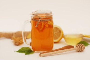 Glass of Fruit tea Dring. Ginger, lemon and Honey. Health food Concept. Healthy Drink.