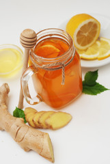Glass of Fruit tea Dring. Ginger, lemon and Honey. Health food Concept. Healthy Drink.