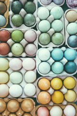 Colored Easter eggs set
for Easter holidays, colored with different color and tonality using natural ingredients like rhubarb, tumeric, radish, and coffe powder 