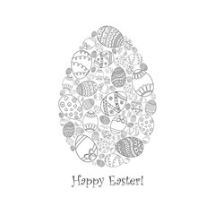 Vector easter invitation card of egg shape from doodle Easter  egg with Happy Easter text lettering. Easter coloring page book.