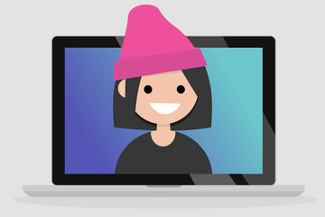 A portrait of smiling millennial girl on a laptop screen. Communication. Generation z. Flat editable vector illustration, clip art