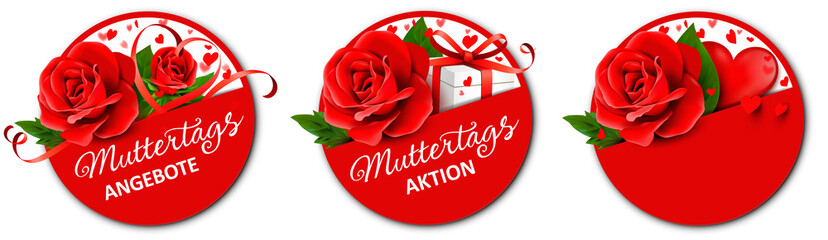 Muttertag Button Angebote Set - Rose, Geschenk Schachtel und Herz 