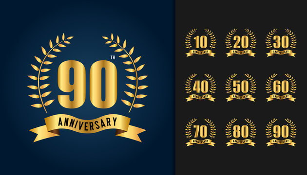 Set of anniversary logotype. Golden anniversary celebration emblem with ribbon and laurel wreath. Design for booklet, leaflet, magazine, brochure poster, web, invitation or greeting card.