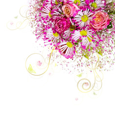 Bouquet of pink roses and white asters isolated .