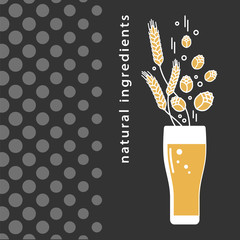 A glass of beer, hops, wheat. Linear icons in a modern style. Sign, symbol, emblem, label, logo for brewery, beer restaurant, pub, bar, menu, website. Vector illustration.