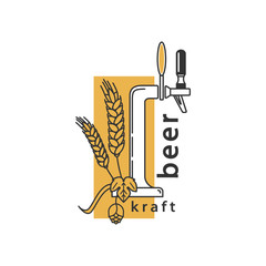 Beer tap, hops and wheat. Linear icon. Sign, symbol, emblem, label, logo for brewery, beer restaurant, pub, bar, menu, website. Vector illustration.