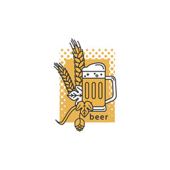 A mug of beer, hops and wheat. Linear icon. Sign, symbol, emblem, label, logo for brewery, beer restaurant, pub, bar, menu, website. Vector illustration.
