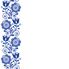 Scandinavian greeting card design, folk art retro vector design, ornament with flowers in navy blue - vertical stripe or border
