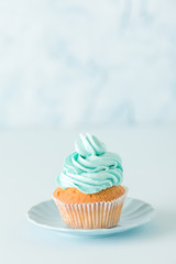 Cupcake with blue cream decoration on plate - beautiful blue pastel vertical banner with dessert and copy space.
