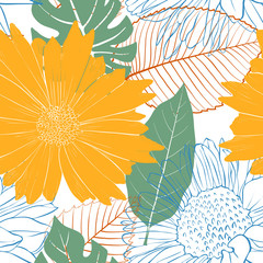 vector seamless pattern with flowers and leaves