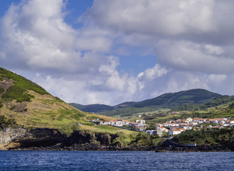 Fototapeta premium Velas seen from the ocean, Sao Jorge Island, Azores, Portugal