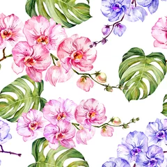 Cercles muraux Orchidee Fleurs d& 39 orchidées bleues et roses et feuilles de monstera sur fond blanc. Motif floral sans couture. Peinture à l& 39 aquarelle. Illustration dessinée à la main. Peut être utilisé comme pour le tissu, le papier peint, le papier d& 39 emballage.