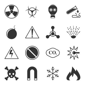 Set of vector warning icons on a white background, contain danger signs, toxicity, explosivity and others