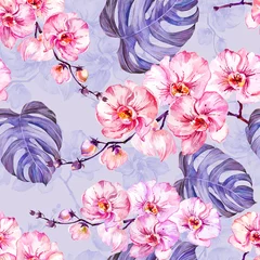 Photo sur Plexiglas Orchidee Fleurs d& 39 orchidée rose avec contours et grandes feuilles de monstera sur fond lilas clair. Modèle sans couture. Peinture à l& 39 aquarelle.
