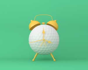 Creative idea layout Golf alarm clock on pastel green background. minimal idea sport concept. Idea creative to produce work within an advertising marketing communications or artwork design.