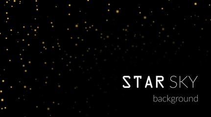 Night sky with gold stars on black background. Dark astronomy space template. Galaxy starry pattern wallpaper. Shiny golden stars on night sky universe. Cosmos stars wallpaper. Vector illustration