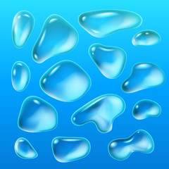 Realistic drops of a rain on a blue background in the form of glass. Abstract set. Vector illustration.