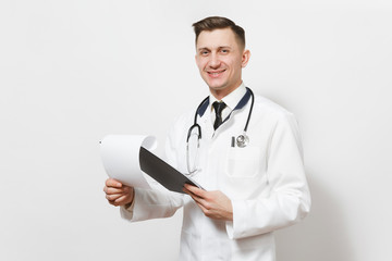 Smiling experienced handsome young doctor man isolated on white background. Male doctor in medical uniform, stethoscope health card on notepad folder. Healthcare personnel, health, medicine concept.