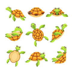 Happy turtle icons set. Cartoon illustration of 9 happy turtle vector icons for web