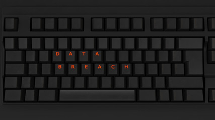 Close Up of Illuminated Glowing Keys on a Black Keyboard Spelling Data Breach 3d illustration 