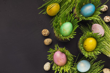 Colorful easter eggs in green grass on gray background