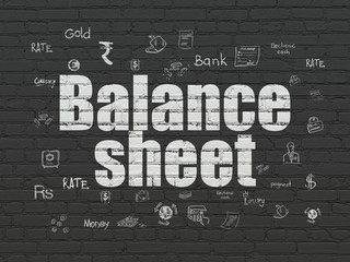 Money concept: Painted white text Balance Sheet on Black Brick wall background with  Hand Drawn Finance Icons