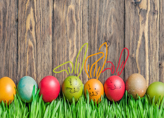 Easter colorful eggs and cute bunny in green grass