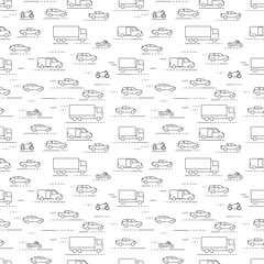 Seamless cars and bikes pattern grey on white background