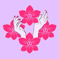 Pattern of an illustration of a pink orchid held in the air by two female hands.   Orchid as metaphor of the women. I wanted to represent the power women have to change the world and help each other.