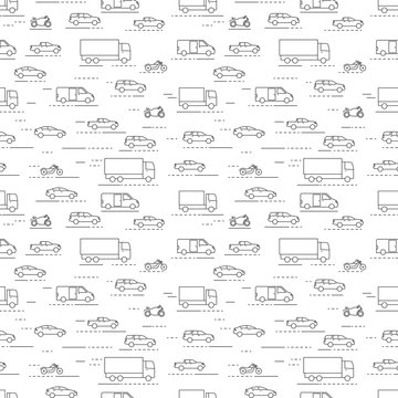 Seamless cars and bikes pattern grey on white background