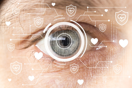 Future man with cyber technology treatment eye panel concept security virtual healthcare.