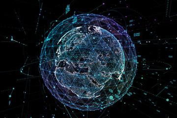 3d illustration of detailed virtual planet Earth. Technological digital globe world.