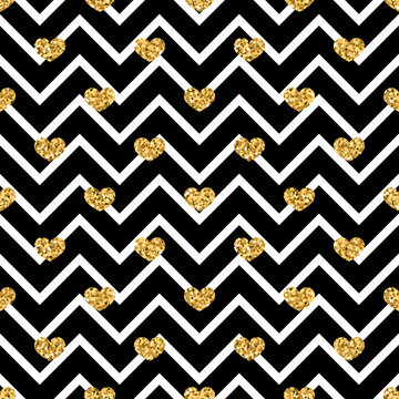Gold heart seamless pattern. Black-white geometric zig zag, golden confetti-hearts. Symbol of love, Valentine day holiday. Design wallpaper, background, fabric texture. Vector illustration