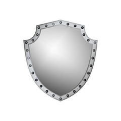 Silver shield shape icon. 3D gray emblem sign isolated on white background. Symbol of security, power, protection. Badge shape shield graphic design. Vector illustration
