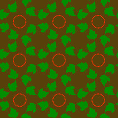 Seamless pattern, green leaves in a circle, textural fractal on a brown background,