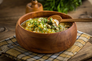 Soup with barley and chicken gizzards.