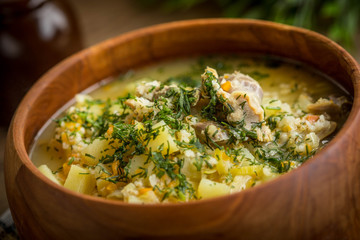Soup with barley and chicken gizzards.