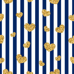 Gold heart seamless pattern. Blue-white geometric stripes, golden confetti-hearts. Symbol of love, Valentine day holiday. Design wallpaper, background, fabric texture. Vector illustration