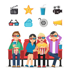 Characters set of funny peoples watching film in cinema